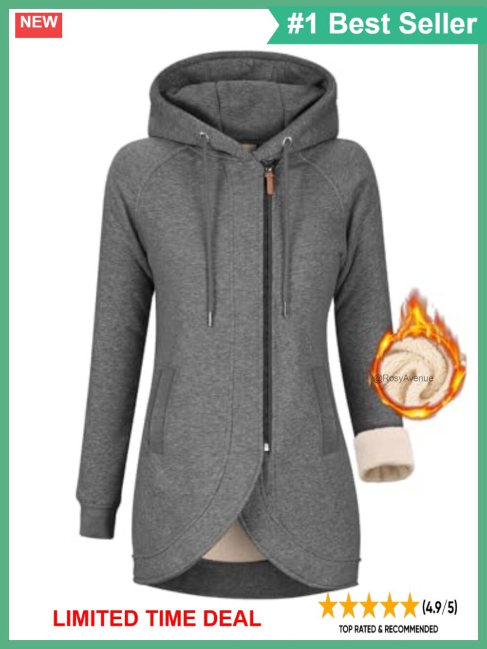 Women's Zip Up Fleece Hoodie Jacket Long Fit Cotton Polyester